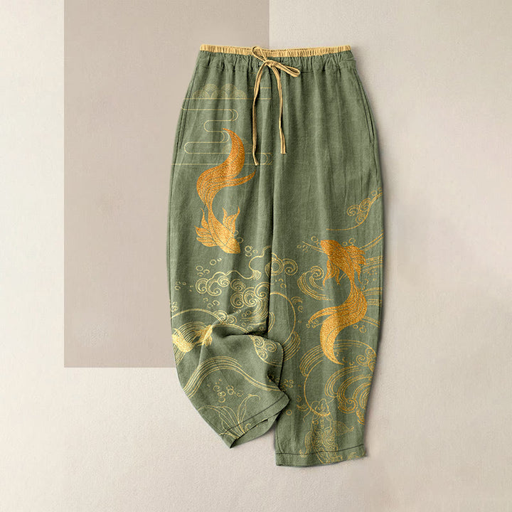 Buddha Stones Pantaloni da donna in puro cotone con elastico in vita e tasche, fantasia a onde con pesci koi. - Verde oliva - US16, UK/AU20, EU48 (3XL) - image 1