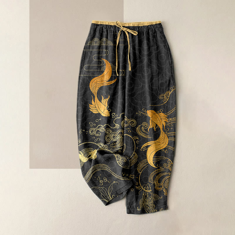 Buddha Stones Pantaloni da donna in puro cotone con elastico in vita e tasche, fantasia a onde con pesci koi. - Nero - US16, UK/AU20, EU48 (3XL) - image 5