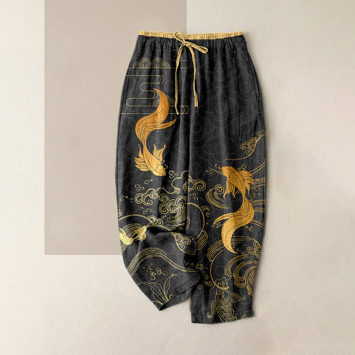 Buddha Stones Pantaloni da donna in puro cotone con elastico in vita e tasche, fantasia a onde con pesci koi. - Nero - US16, UK/AU20, EU48 (3XL) - image 5