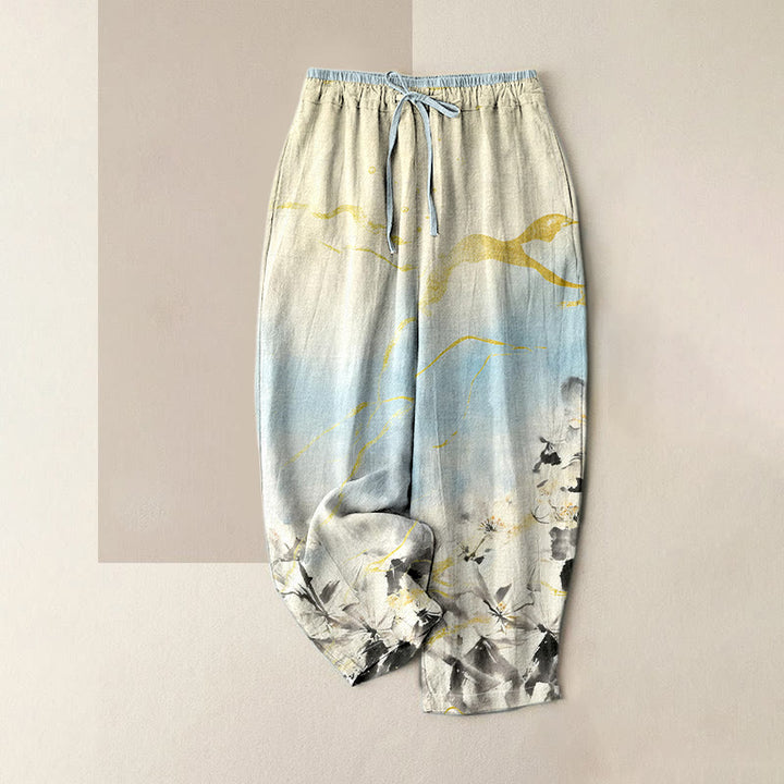 Buddha Stones Pantaloni da donna in puro cotone con elastico in vita e tasche, fantasia floreale a righe dorate. - Cielo Blu - US16, UK/AU20, EU48 (3XL) - image 0