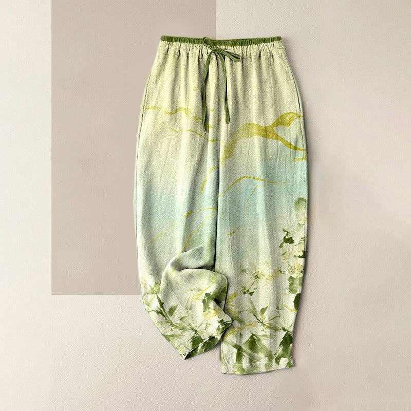 Buddha Stones Pantaloni da donna in puro cotone con elastico in vita e tasche, fantasia floreale a righe dorate. - Verde Mare Scuro - US16, UK/AU20, EU48 (3XL) - image 3