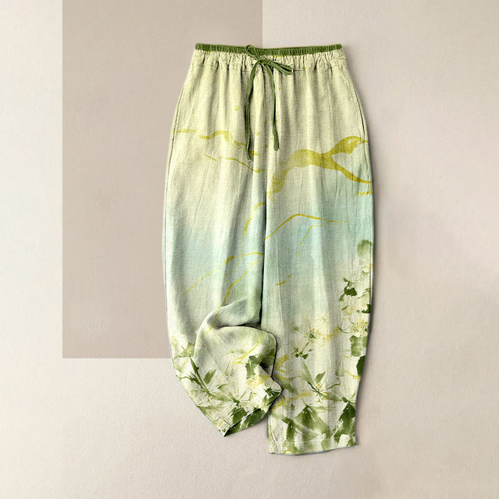 Buddha Stones Pantaloni da donna in puro cotone con elastico in vita e tasche, fantasia floreale a righe dorate. - Verde Mare Scuro - US16, UK/AU20, EU48 (3XL) - image 3