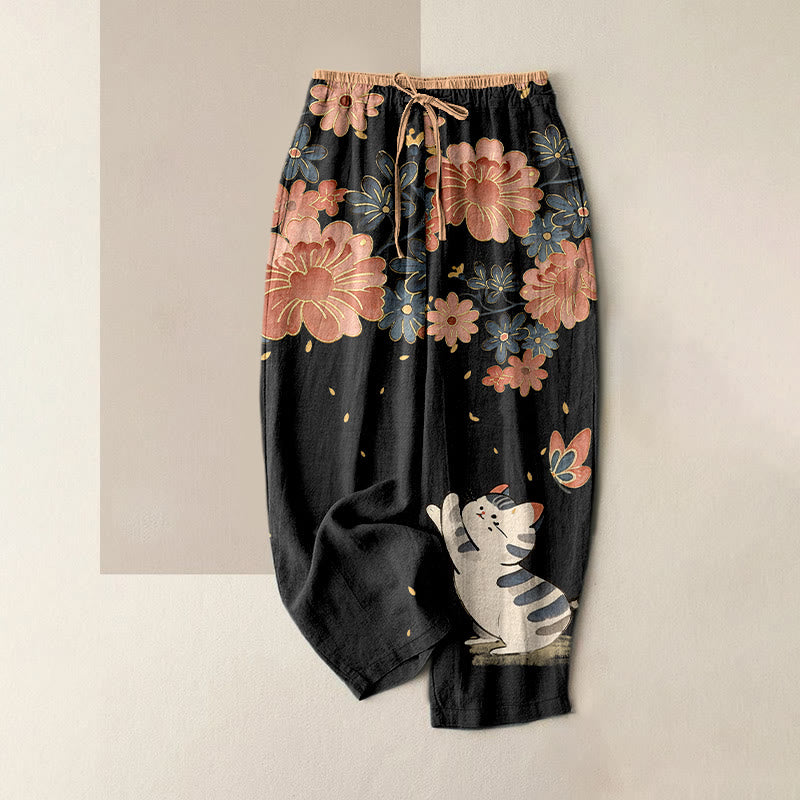 Buddha Stones Pantaloni da donna in puro cotone con elastico in vita e tasche, fantasia gatto, farfalla e fiori rosa. - Nero - US16, UK/AU20, EU48 (3XL) - image 0
