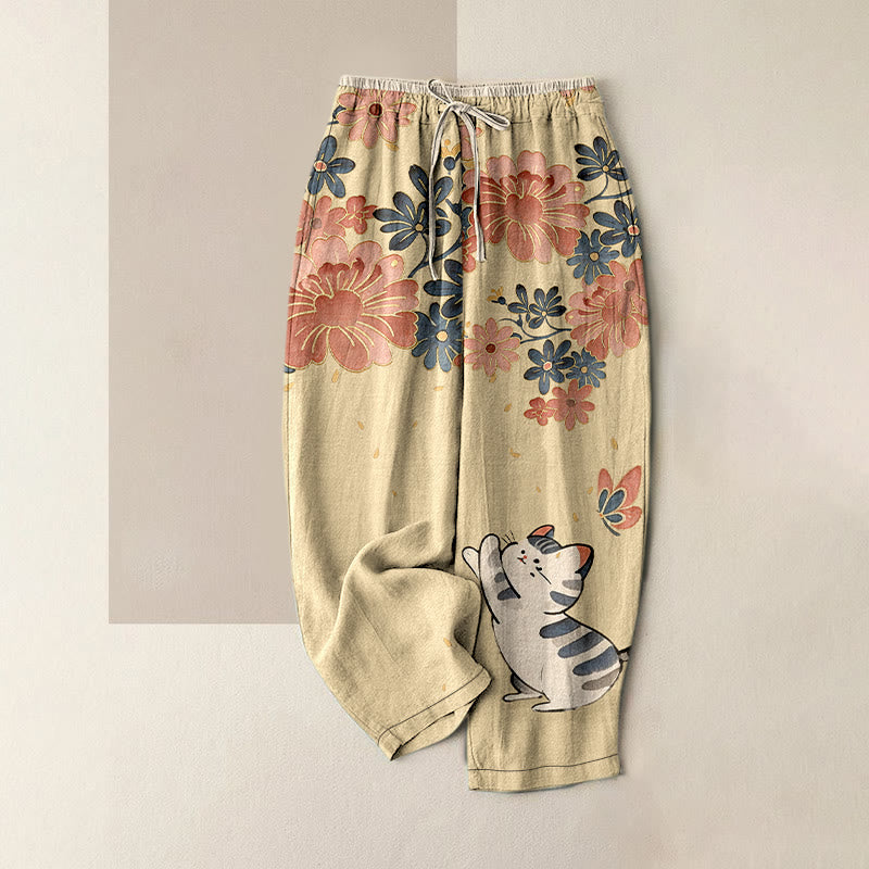 Buddha Stones Pantaloni da donna in puro cotone con elastico in vita e tasche, fantasia gatto, farfalla e fiori rosa. - Verga d'oro pallida - US16, UK/AU20, EU48 (3XL) - image 4