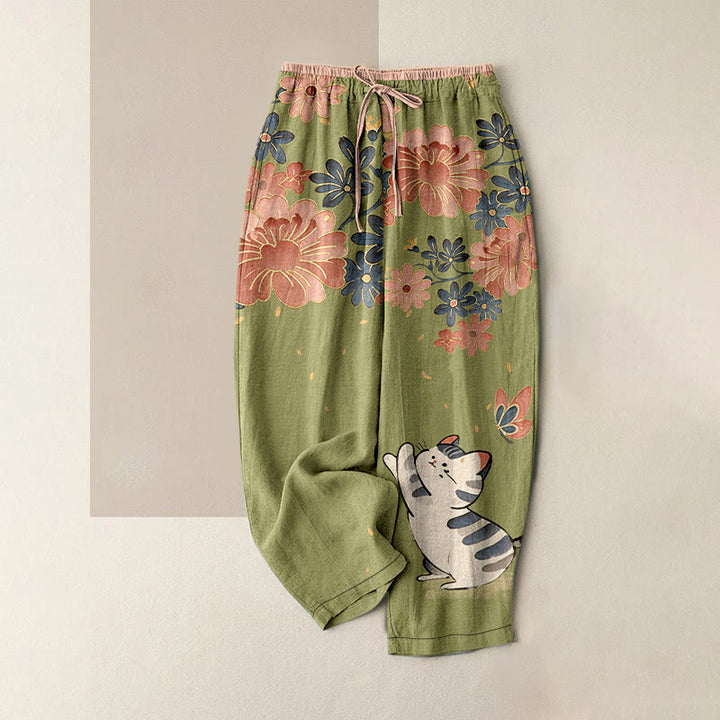 Buddha Stones Pantaloni da donna in puro cotone con elastico in vita e tasche, fantasia gatto, farfalla e fiori rosa. - Verde oliva - US16, UK/AU20, EU48 (3XL) - image 5