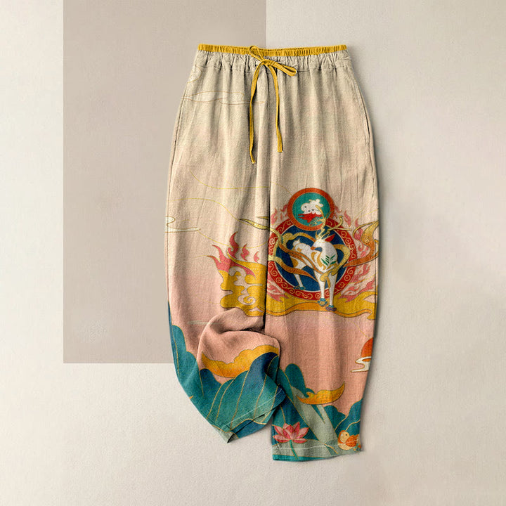Buddha Stones Pantaloni da donna in puro cotone con elastico in vita e tasche, fantasia "Deer Mountain Lotus". - Beige - US16, UK/AU20, EU48 (3XL) - image 0