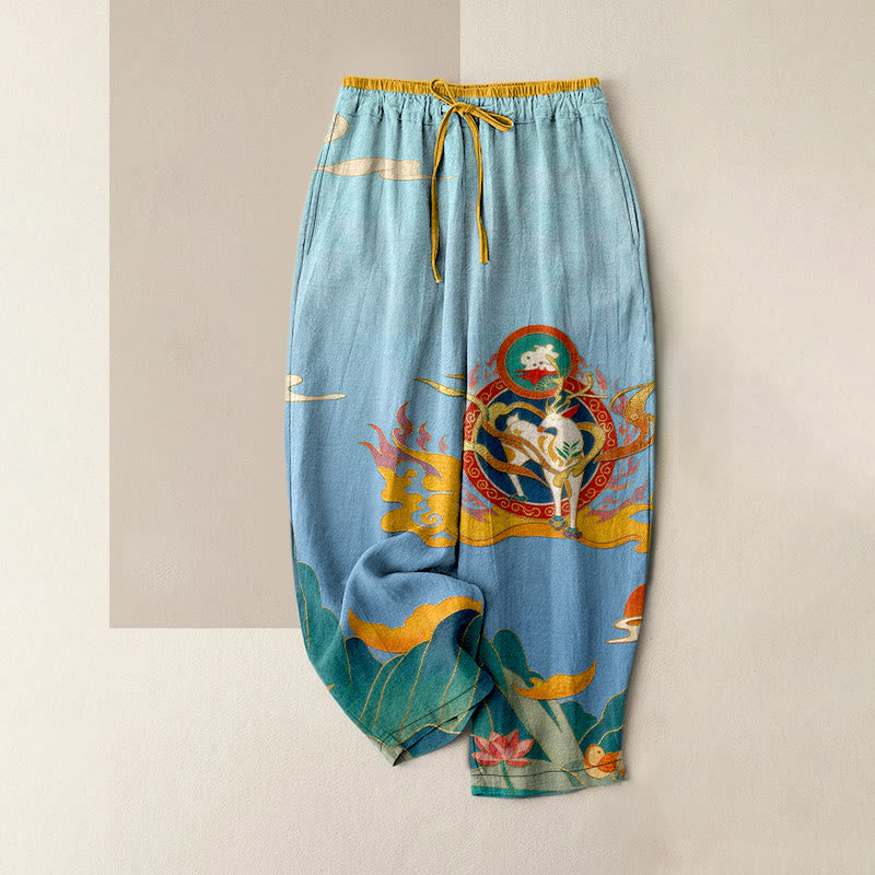 Buddha Stones Pantaloni da donna in puro cotone con elastico in vita e tasche, fantasia "Deer Mountain Lotus". - Cielo Blu - US16, UK/AU20, EU48 (3XL) - image 3