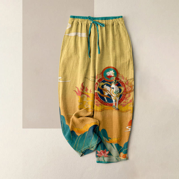 Buddha Stones Pantaloni da donna in puro cotone con elastico in vita e tasche, fantasia "Deer Mountain Lotus". - Cachi - US16, UK/AU20, EU48 (3XL) - image 4