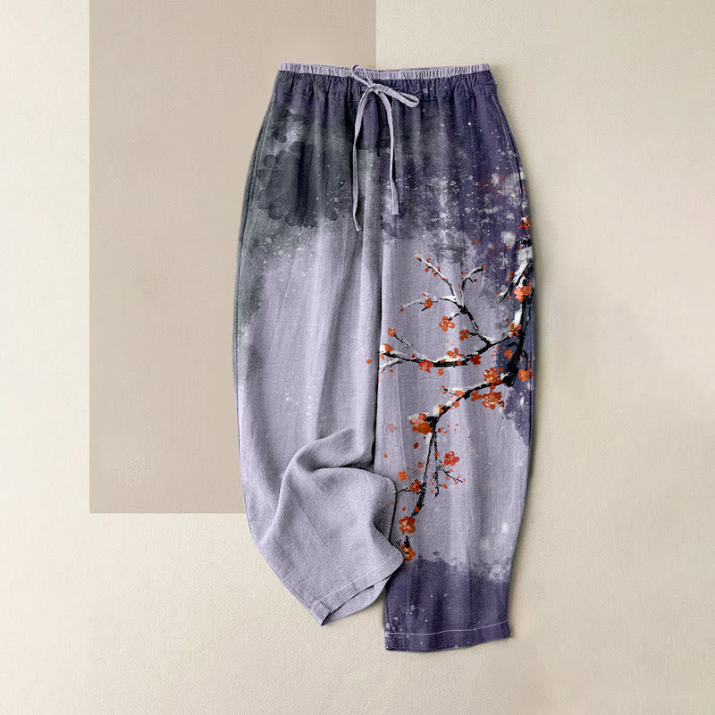 Buddha Stones Pantaloni da donna in puro cotone con elastico in vita e tasche, fantasia a fiori di prugno e neve. - Lavanda - US16, UK/AU20, EU48 (3XL) - image 3