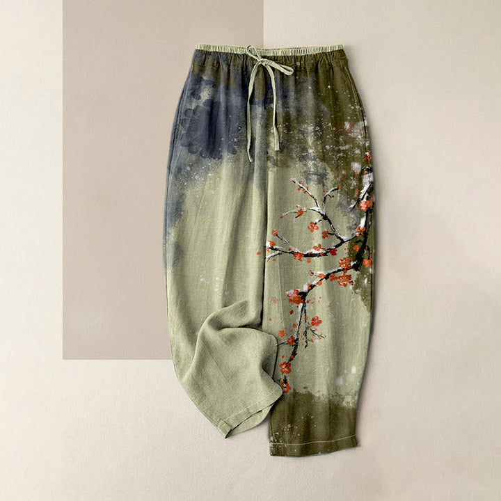 Buddha Stones Pantaloni da donna in puro cotone con elastico in vita e tasche, fantasia a fiori di prugno e neve. - Verde Mare Scuro - US16, UK/AU20, EU48 (3XL) - image 4