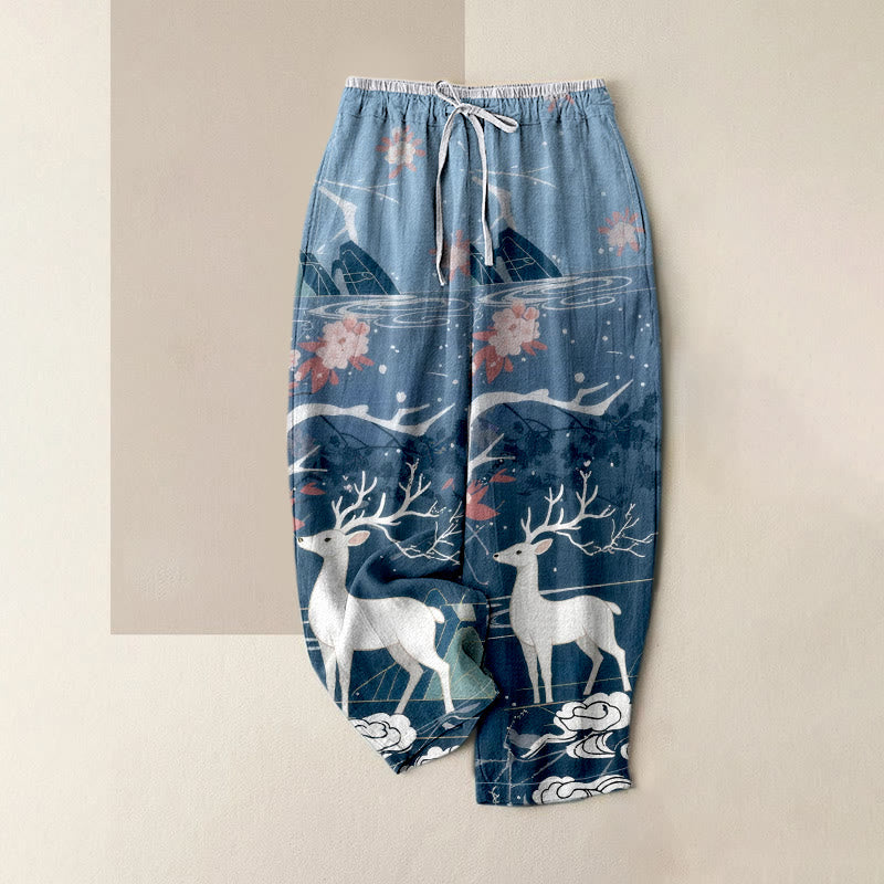 Buddha Stones Pantaloni da donna in puro cotone con elastico in vita e tasche, fantasia "Monte con cervi e fiori rosa", con motivo a fiori di montagna. - SteelBlue - US16, UK/AU20, EU48 (3XL) - image 0