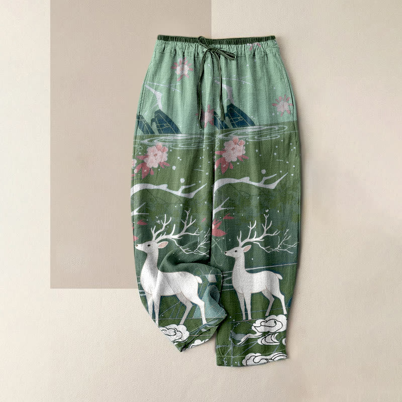 Buddha Stones Pantaloni da donna in puro cotone con elastico in vita e tasche, fantasia "Monte con cervi e fiori rosa", con motivo a fiori di montagna. - Verde Mare Scuro - US16, UK/AU20, EU48 (3XL) - image 3