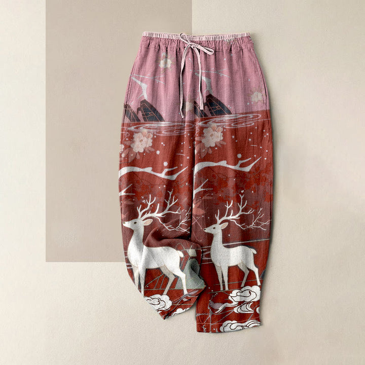 Buddha Stones Pantaloni da donna in puro cotone con elastico in vita e tasche, fantasia "Monte con cervi e fiori rosa", con motivo a fiori di montagna. - FireBrick - US16, UK/AU20, EU48 (3XL) - image 6
