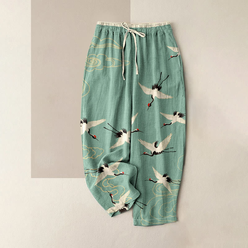 Buddha Stones Pantaloni da donna in puro cotone con elastico in vita e tasche, fantasia gru e nuvole. - Verde Mare Chiaro - US16, UK/AU20, EU48 (3XL) - image 0