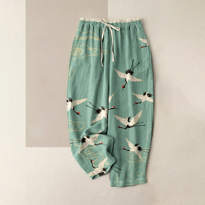 Buddha Stones Pantaloni da donna in puro cotone con elastico in vita e tasche, fantasia gru e nuvole. - Verde Mare Chiaro - US16, UK/AU20, EU48 (3XL) - image 0