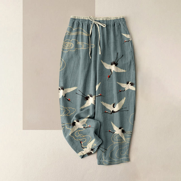 Buddha Stones Pantaloni da donna in puro cotone con elastico in vita e tasche, fantasia gru e nuvole. - Grigio ardesia chiaro - US16, UK/AU20, EU48 (3XL) - image 3