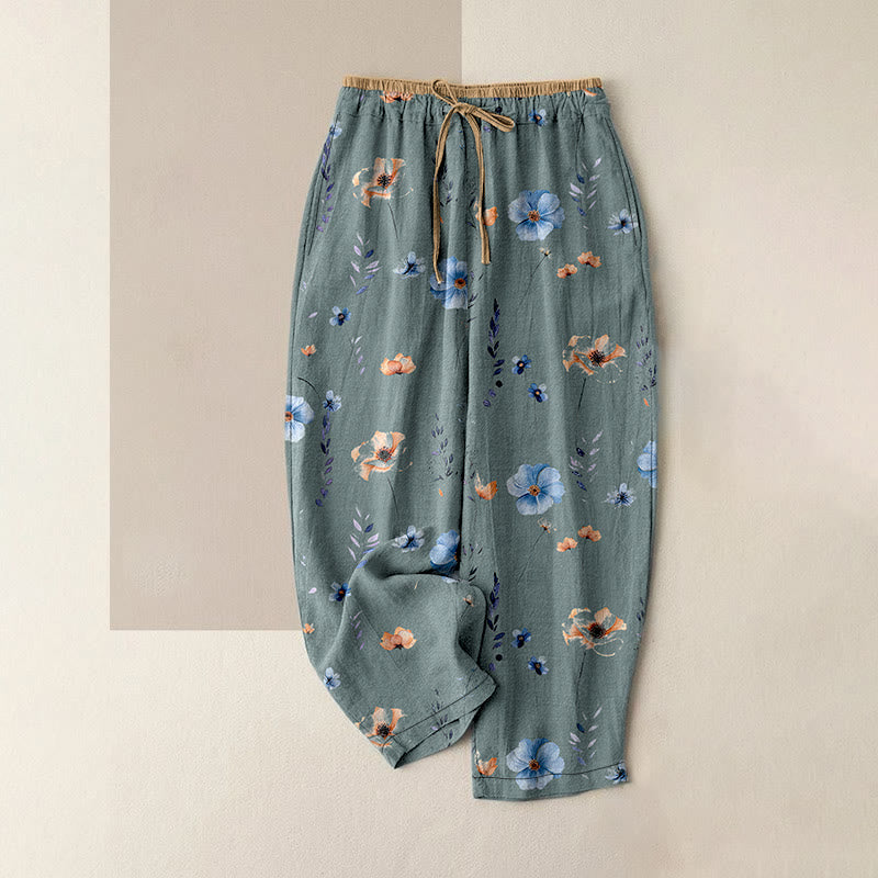 Buddha Stones Pantaloni da donna in puro cotone con elastico in vita e tasche, fantasia a fiori di pesco. - Cadetto Blu - US16, UK/AU20, EU48 (3XL) - image 0
