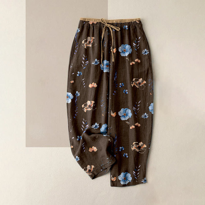 Buddha Stones Pantaloni da donna in puro cotone con elastico in vita e tasche, fantasia a fiori di pesco. - Marrone sella - US16, UK/AU20, EU48 (3XL) - image 4