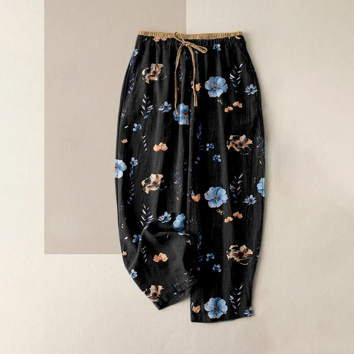 Buddha Stones Pantaloni da donna in puro cotone con elastico in vita e tasche, fantasia a fiori di pesco. - Nero - US16, UK/AU20, EU48 (3XL) - image 8