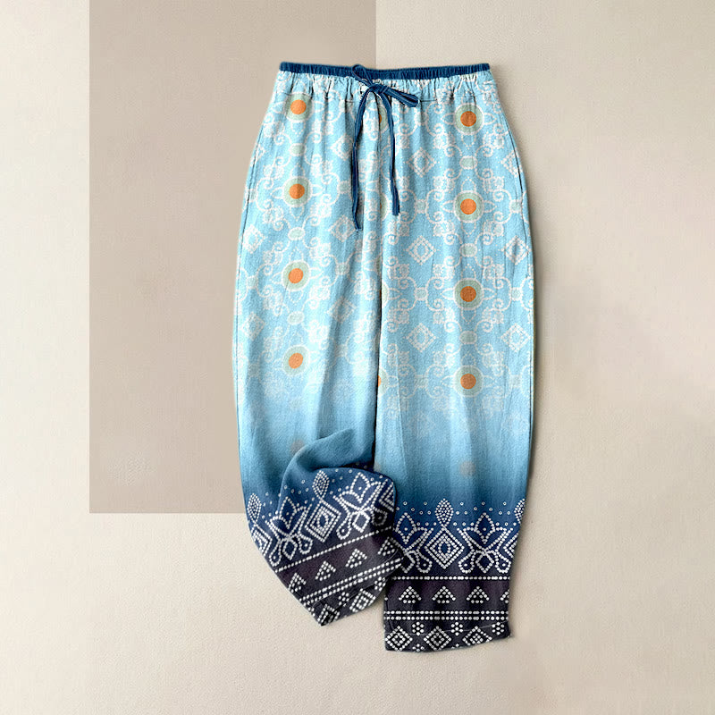 Buddha Stones Pantaloni da donna in puro cotone con elastico in vita e tasche, fantasia a pois e motivi geometrici a rombi. - Azzurro cielo chiaro - US16, UK/AU20, EU48 (3XL) - image 0