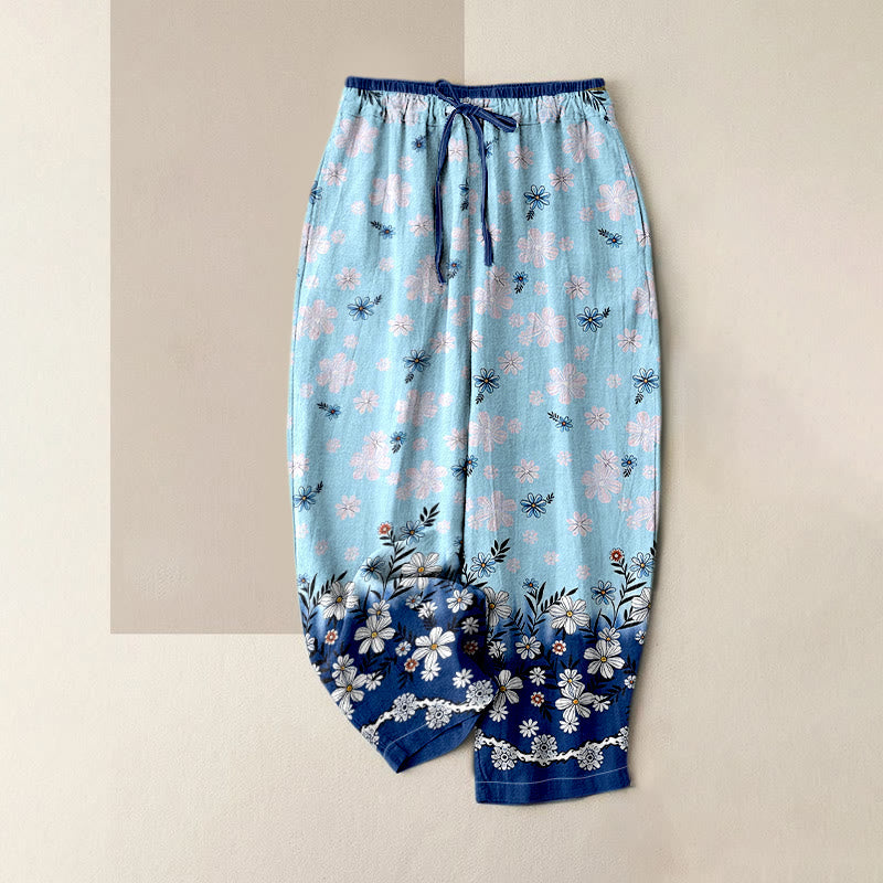 Buddha Stones Pantaloni da donna in puro cotone con elastico in vita e tasche, fantasia a margherite. - Cielo Blu - US16, UK/AU20, EU48 (3XL) - image 0