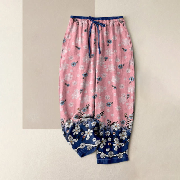 Buddha Stones Pantaloni da donna in puro cotone con elastico in vita e tasche, fantasia a margherite. - Rosa chiaro - US16, UK/AU20, EU48 (3XL) - image 3