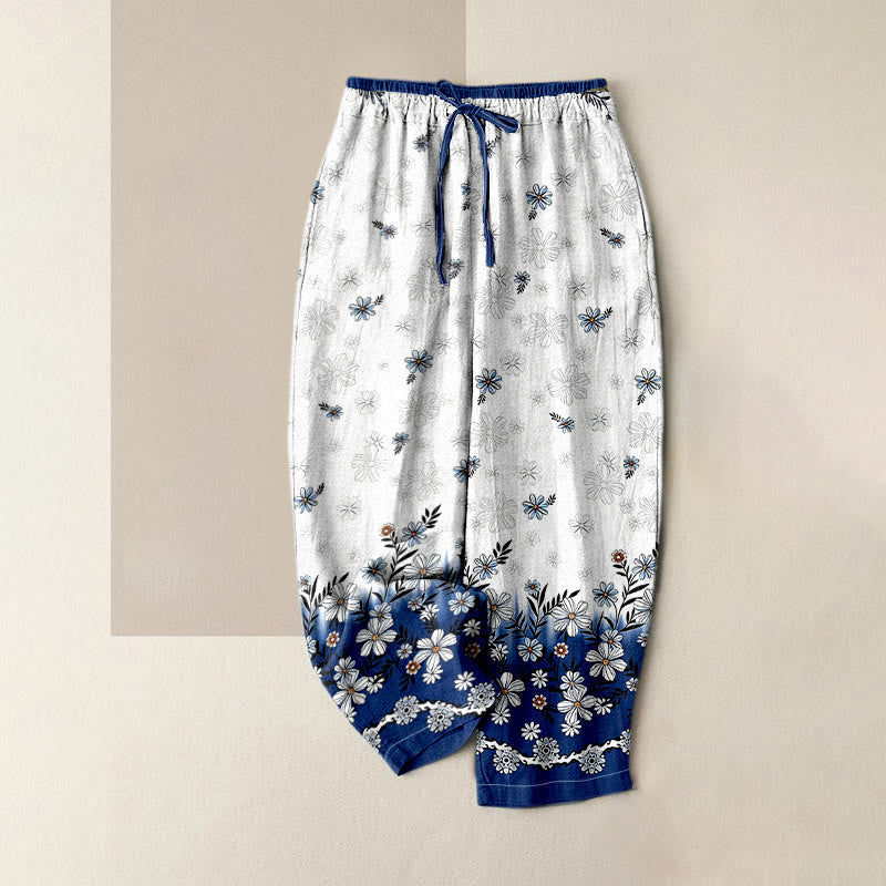 Buddha Stones Pantaloni da donna in puro cotone con elastico in vita e tasche, fantasia a margherite. - WhiteSmoke - US16, UK/AU20, EU48 (3XL) - image 6
