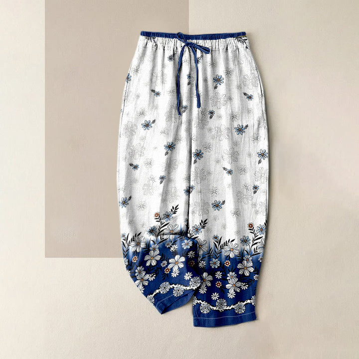 Buddha Stones Pantaloni da donna in puro cotone con elastico in vita e tasche, fantasia a margherite. - WhiteSmoke - US16, UK/AU20, EU48 (3XL) - image 6