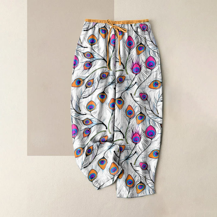 Buddha Stones Pantaloni da donna in puro cotone con elastico in vita e tasche, fantasia pavone e cuori. - Arancia - US16, UK/AU20, EU48 (3XL) - image 0