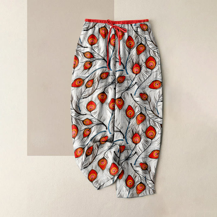 Buddha Stones Pantaloni da donna in puro cotone con elastico in vita e tasche, fantasia pavone e cuori. - Rosso - US16, UK/AU20, EU48 (3XL) - image 3