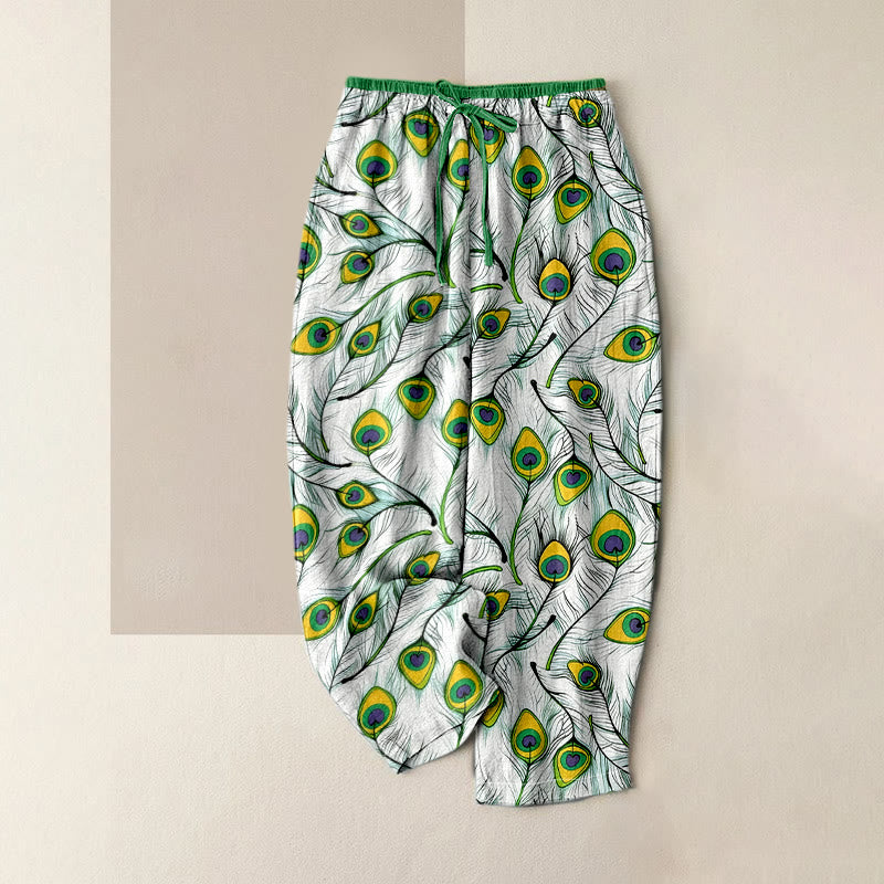 Buddha Stones Pantaloni da donna in puro cotone con elastico in vita e tasche, fantasia pavone e cuori. - Verde studentesco - US16, UK/AU20, EU48 (3XL) - image 6
