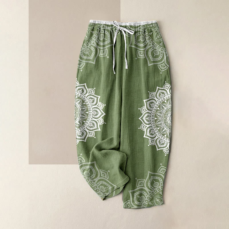 Buddha Stones Pantaloni da donna in puro cotone con elastico in vita e tasche, fantasia mandala. - Verde Mare Scuro - US16, UK/AU20, EU48 (3XL) - image 6