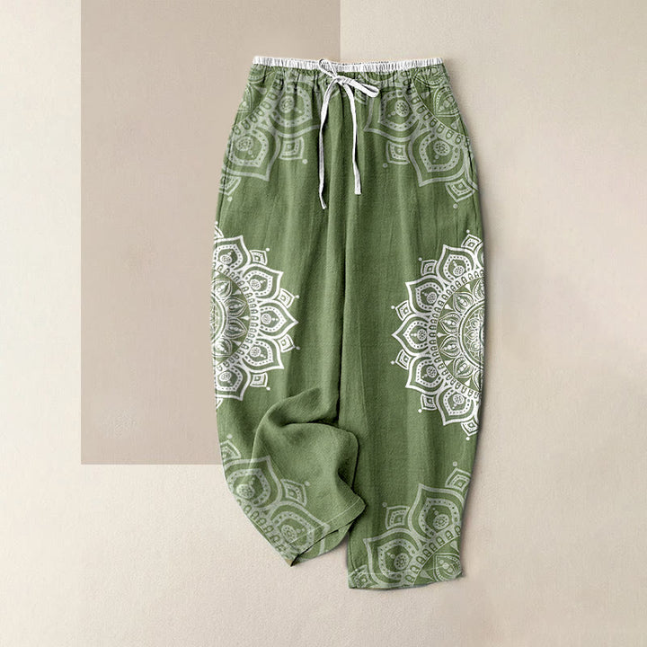 Buddha Stones Pantaloni da donna in puro cotone con elastico in vita e tasche, fantasia mandala. - Verde Mare Scuro - US16, UK/AU20, EU48 (3XL) - image 6