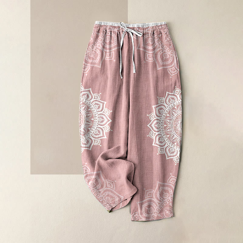 Buddha Stones Pantaloni da donna in puro cotone con elastico in vita e tasche, fantasia mandala. - Rosa chiaro - US16, UK/AU20, EU48 (3XL) - image 0