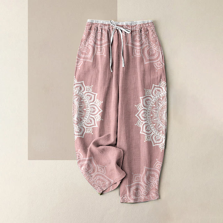 Buddha Stones Pantaloni da donna in puro cotone con elastico in vita e tasche, fantasia mandala. - Rosa chiaro - US16, UK/AU20, EU48 (3XL) - image 0