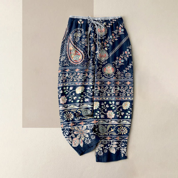 Buddha Stones Pantaloni da donna in puro cotone con elastico in vita e motivo paisley a loto, con tasche. - SteelBlue - US16, UK/AU20, EU48 (3XL) - image 0