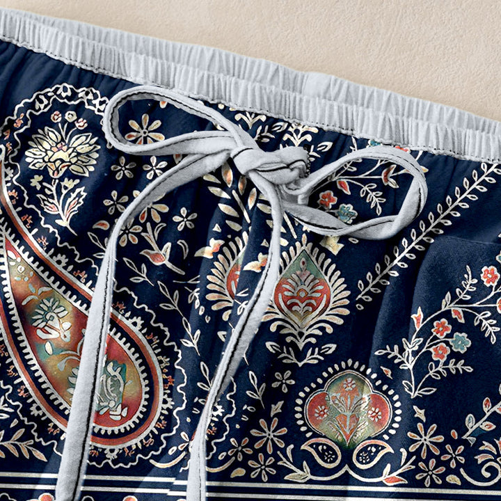 Buddha Stones Pantaloni da donna in puro cotone con elastico in vita e motivo paisley a loto, con tasche. - image 1