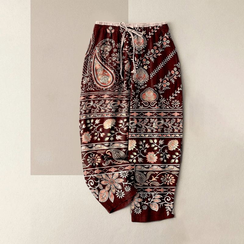 Buddha Stones Pantaloni da donna in puro cotone con elastico in vita e motivo paisley a loto, con tasche. - Rosso scuro - US16, UK/AU20, EU48 (3XL) - image 4