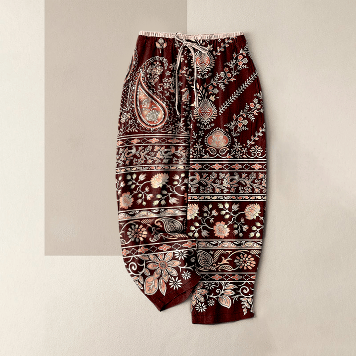 Buddha Stones Pantaloni da donna in puro cotone con elastico in vita e motivo paisley a loto, con tasche. - Rosso scuro - US16, UK/AU20, EU48 (3XL) - image 4