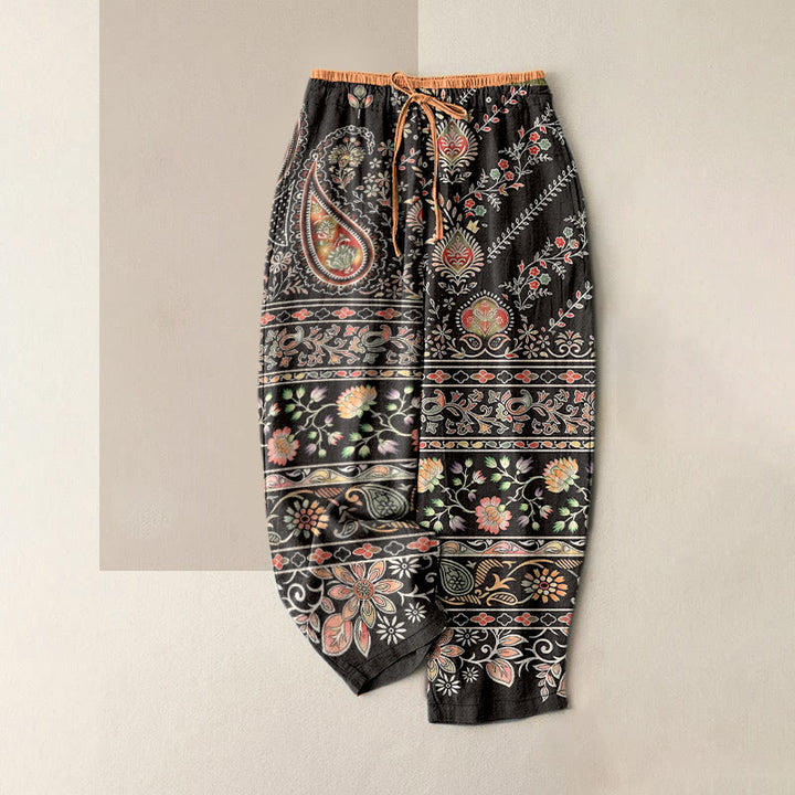 Buddha Stones Pantaloni da donna in puro cotone con elastico in vita e motivo paisley a loto, con tasche. - Marrone sella - US16, UK/AU20, EU48 (3XL) - image 8
