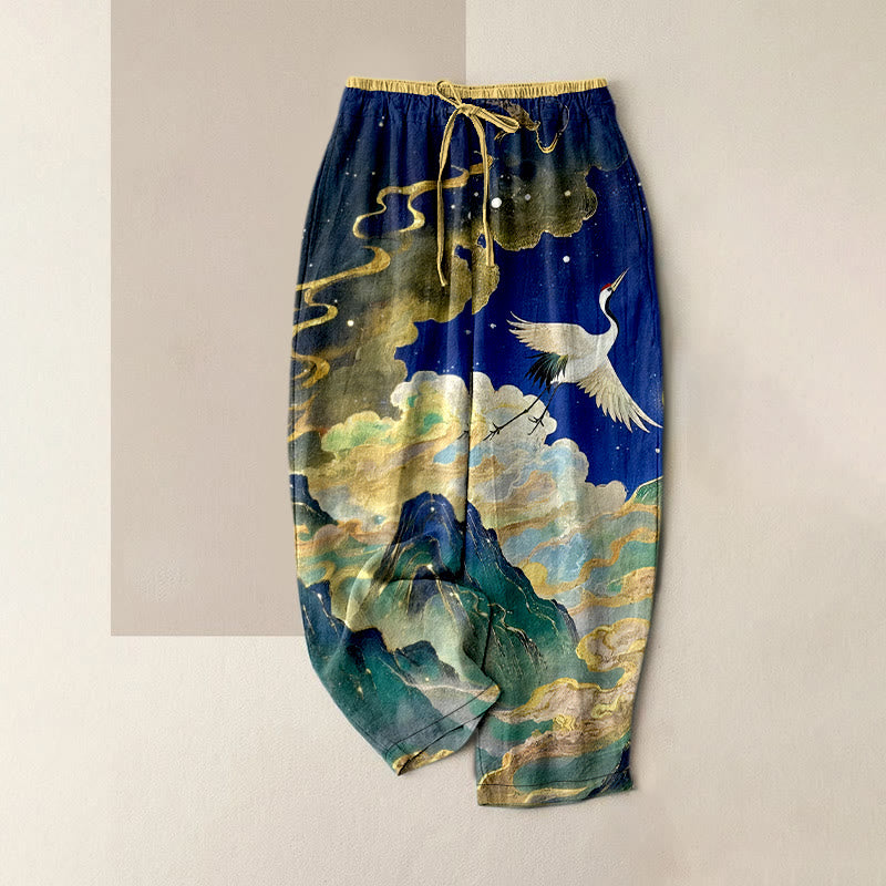 Buddha Stones Pantaloni da donna in puro cotone con elastico in vita e tasche, fantasia gru, nuvole e montagne. - Blu scuro - US16, UK/AU20, EU48 (3XL) - image 0