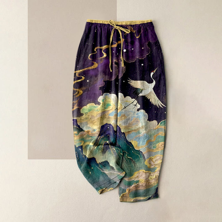 Buddha Stones Pantaloni da donna in puro cotone con elastico in vita e tasche, fantasia gru, nuvole e montagne. - Indaco - US16, UK/AU20, EU48 (3XL) - image 4
