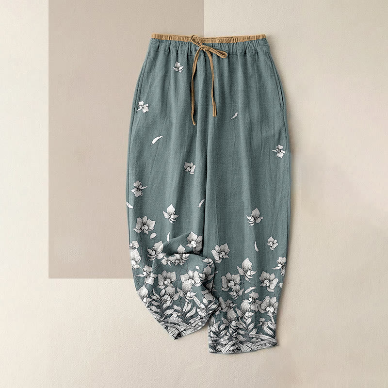 Buddha Stones Pantaloni da donna in puro cotone con elastico in vita e tasche, fantasia a petali di fiori. - Verde Mare Chiaro - US16, UK/AU20, EU48 (3XL) - image 0