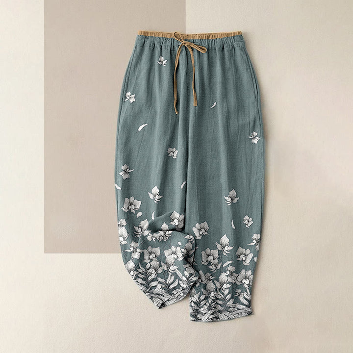 Buddha Stones Pantaloni da donna in puro cotone con elastico in vita e tasche, fantasia a petali di fiori. - Verde Mare Chiaro - US16, UK/AU20, EU48 (3XL) - image 0