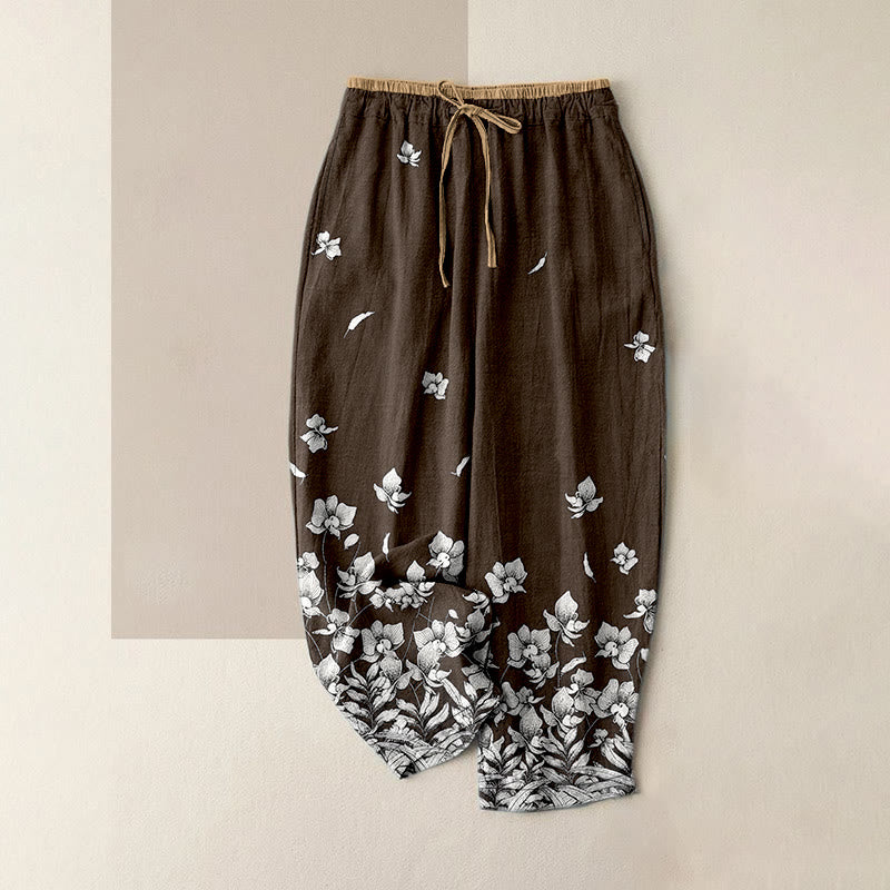Buddha Stones Pantaloni da donna in puro cotone con elastico in vita e tasche, fantasia a petali di fiori. - Marrone sella - US16, UK/AU20, EU48 (3XL) - image 4