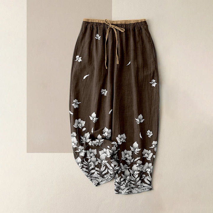 Buddha Stones Pantaloni da donna in puro cotone con elastico in vita e tasche, fantasia a petali di fiori. - Marrone sella - US16, UK/AU20, EU48 (3XL) - image 4