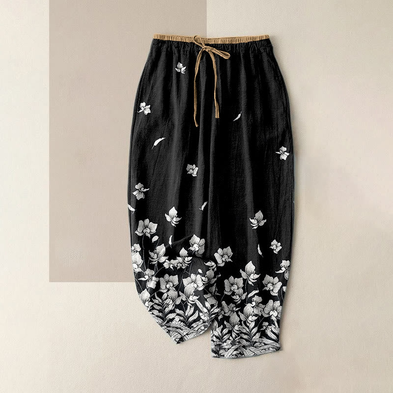 Buddha Stones Pantaloni da donna in puro cotone con elastico in vita e tasche, fantasia a petali di fiori. - Nero - US16, UK/AU20, EU48 (3XL) - image 8