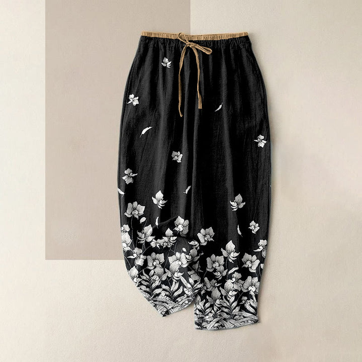 Buddha Stones Pantaloni da donna in puro cotone con elastico in vita e tasche, fantasia a petali di fiori. - Nero - US16, UK/AU20, EU48 (3XL) - image 8