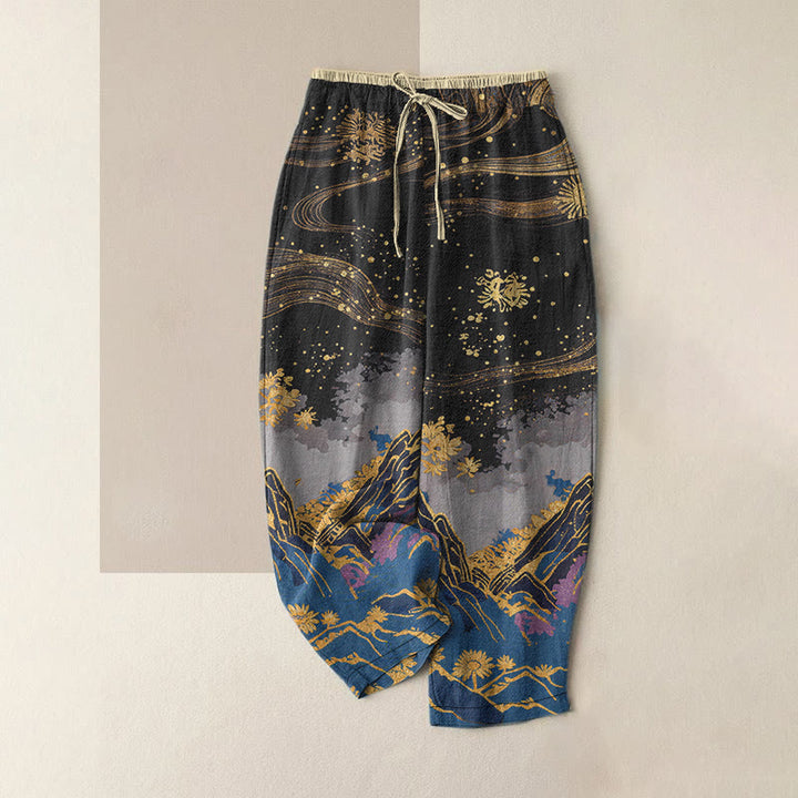 Buddha Stones Pantaloni da donna in puro cotone con elastico in vita e tasche, fantasia a petali di fiori. - Nero - US16, UK/AU20, EU48 (3XL) - image 0