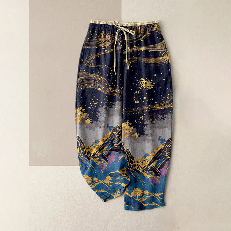 Buddha Stones Pantaloni da donna in puro cotone con elastico in vita e tasche, fantasia a petali di fiori. - Blu notte - US16, UK/AU20, EU48 (3XL) - image 4
